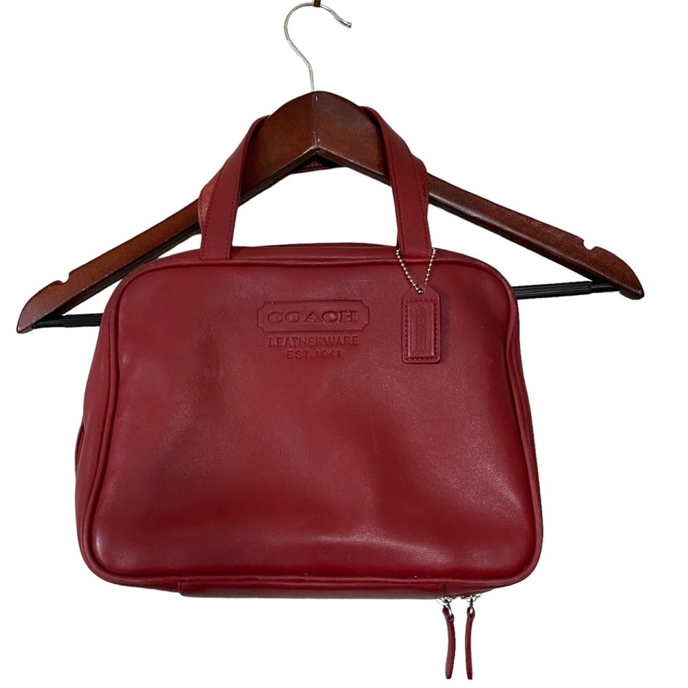Vintage Coach Red Leather Double Handle Toiletry/Travel Cosmetic Bag